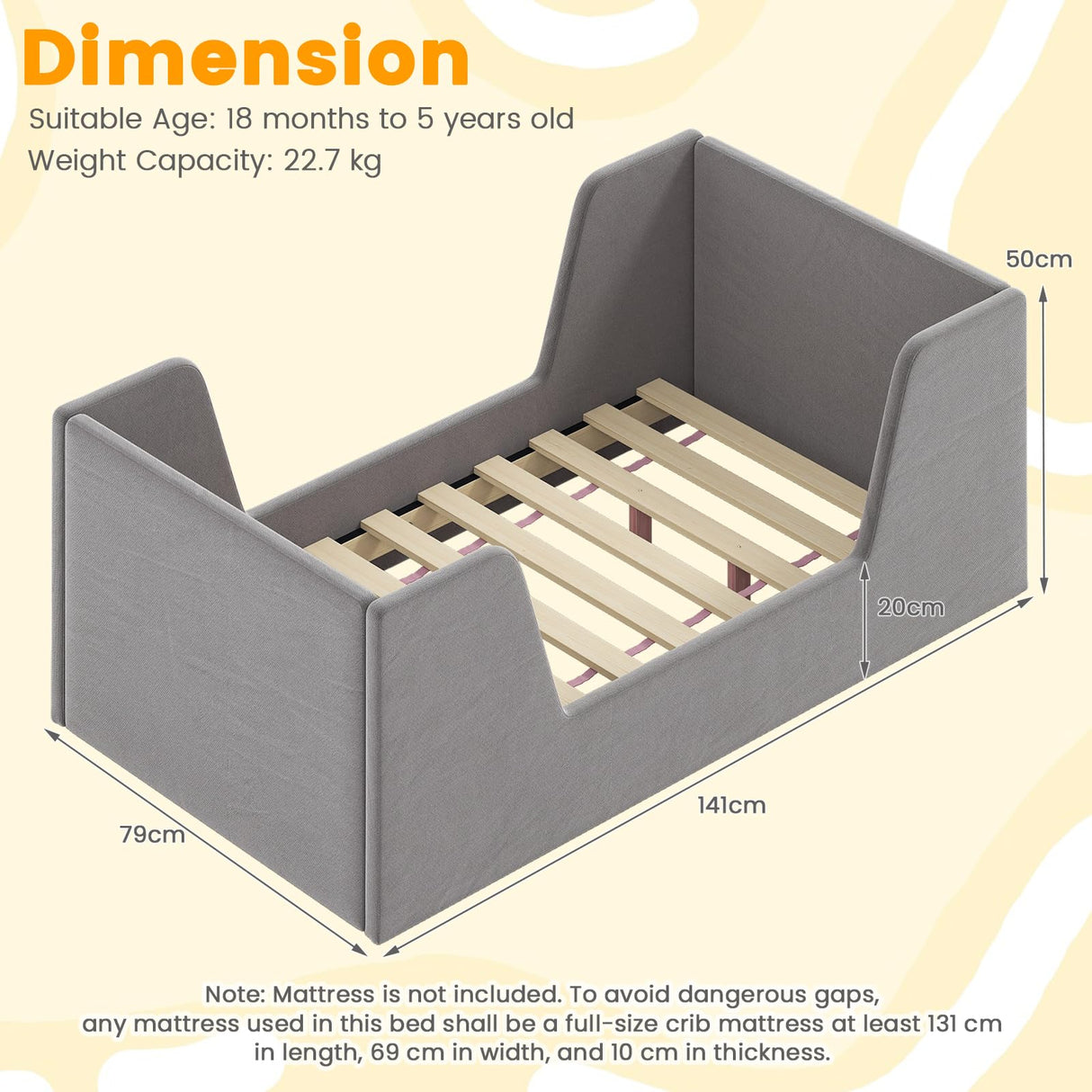 Velvet Fabric Children Floor Bed with Safety Rails and Headboard