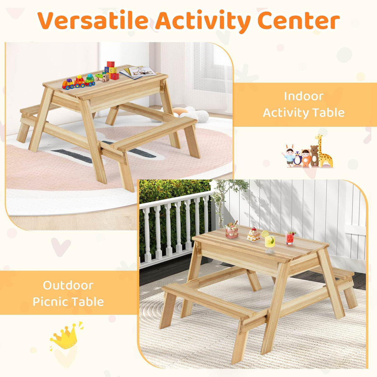 Kids Picnic Table, 4 in 1 Wooden Table & Bench Set with Removable Top & 2 Storage Boxes