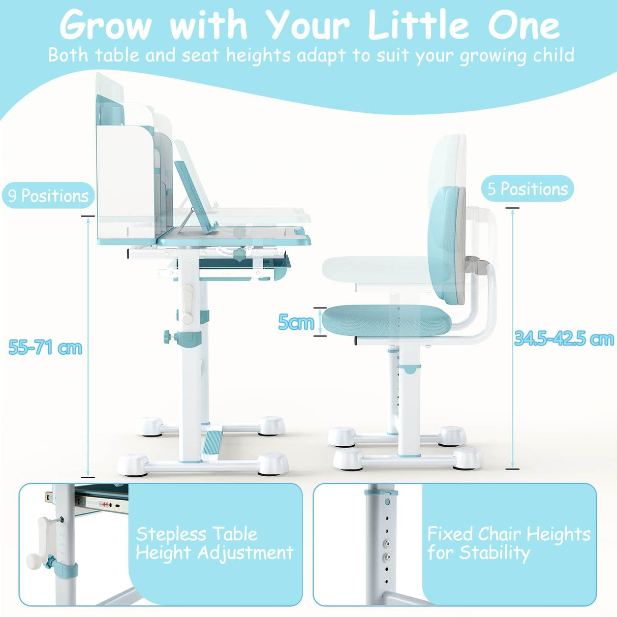 Children's adjustable desk and chair set with height adjustment features on a white background.