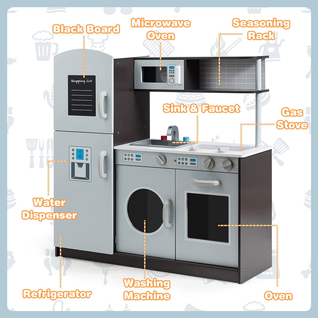 HONEY JOY Kids Kitchen Playset, Pretend Cooking Play Toy Set with Blackboard, Washing Machine