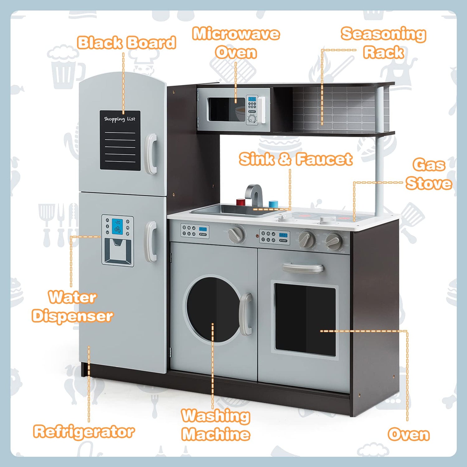 HONEY JOY Kids Kitchen Playset, Pretend Cooking Play Toy Set with Blackboard, Washing Machine