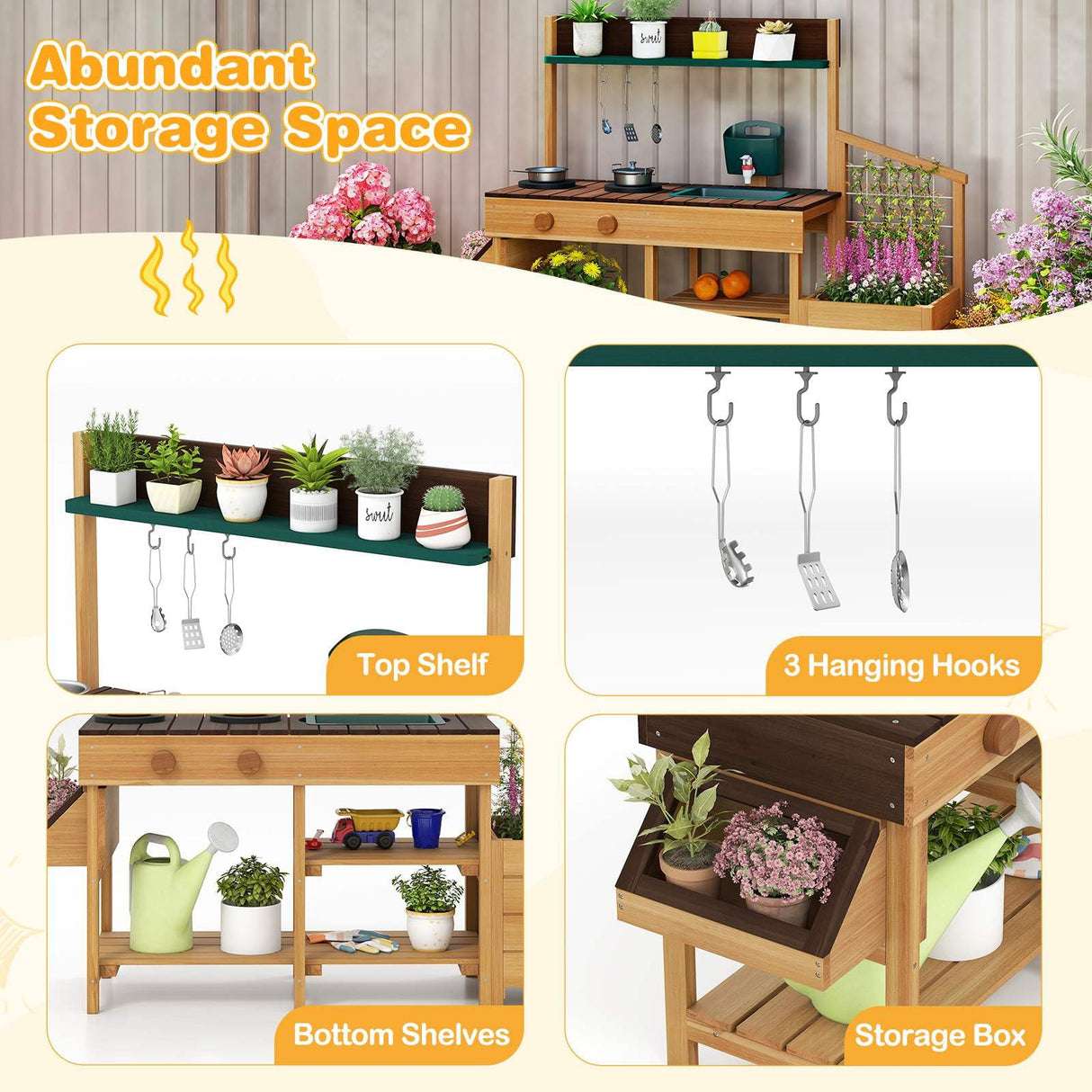Wooden storage unit with shelves, hanging hooks, and a storage box, featuring plants and kitchen items.