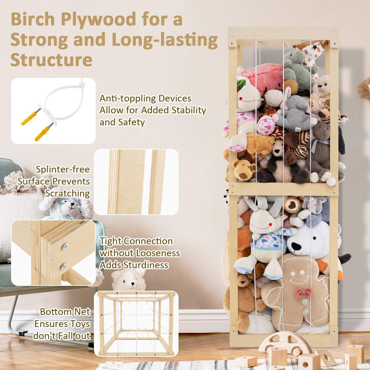 HONEY JOY 300L Large Stuffed Animal Storage, Space-saving Toy Storage Organiser w/Open Top & Elastic Cords