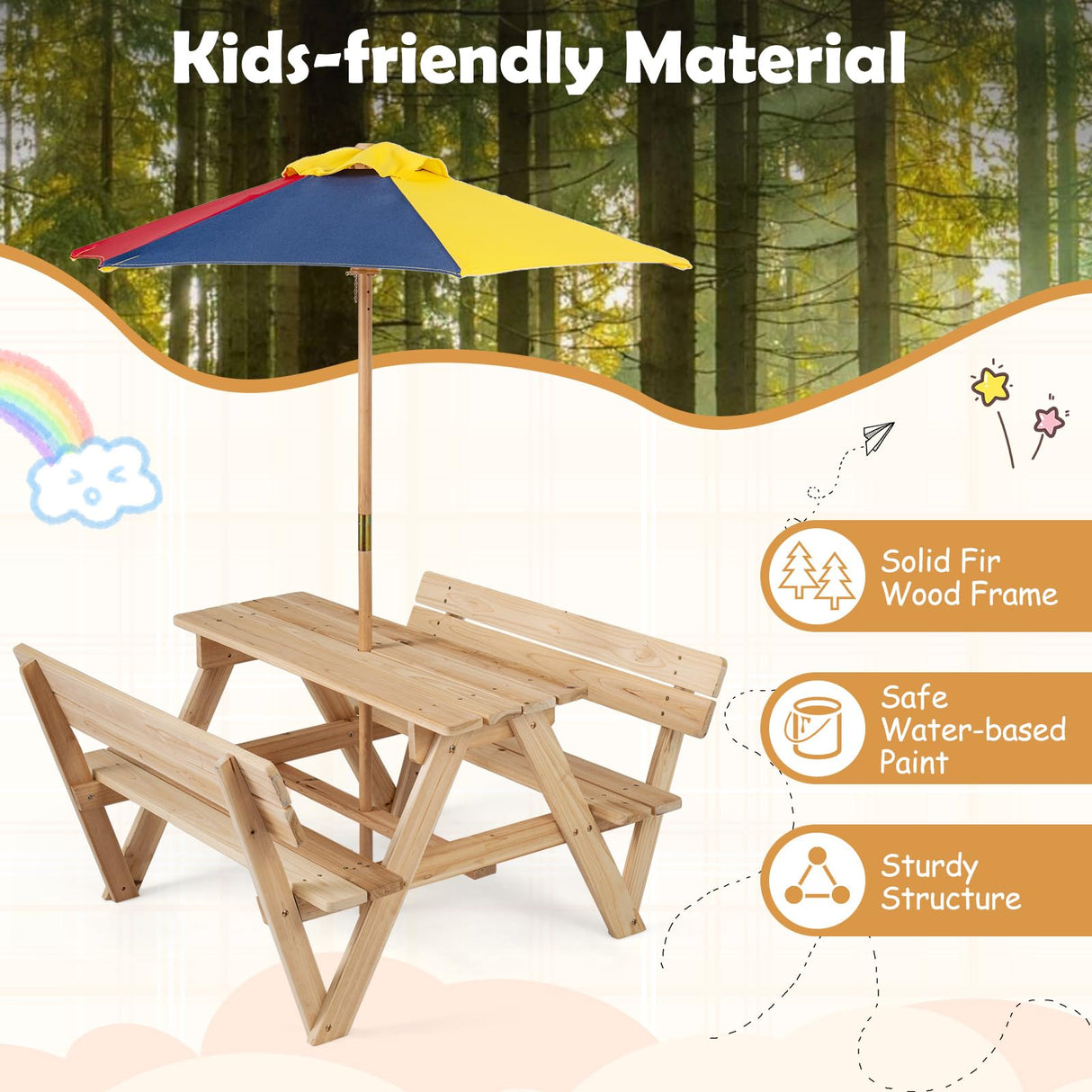 HONEY JOY Kids Picnic Table, Toddlers' Outdoor Table w/ 2 Built-in Benches