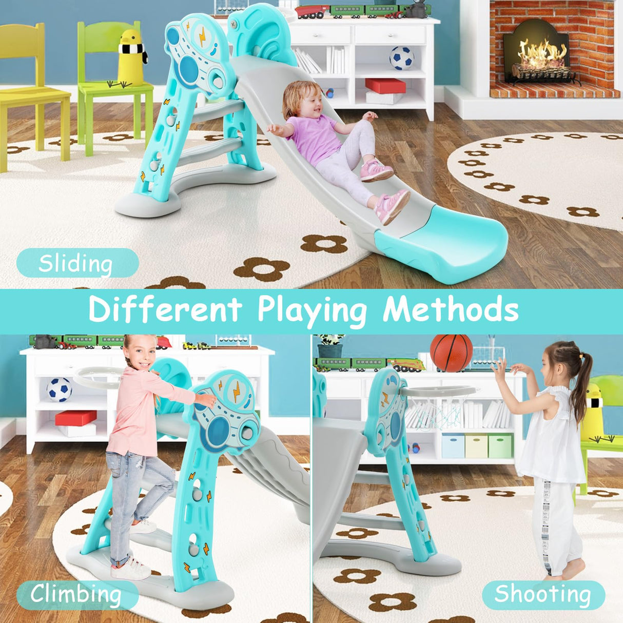 HONEY JOY 3-in-1 Indoor Slide for Kids, Folding Slide Playset with Basketball Hoop & Small Basketball