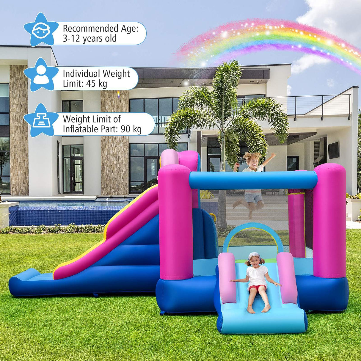 Inflatable Bounce House with Long Slides and Jumping Area