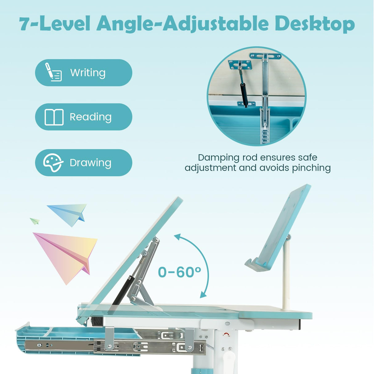 HONEY JOY Height-Adjustable Kids Desk w/Tilt Desktop & Book Stand, Storage Drawer & Scale Ruler