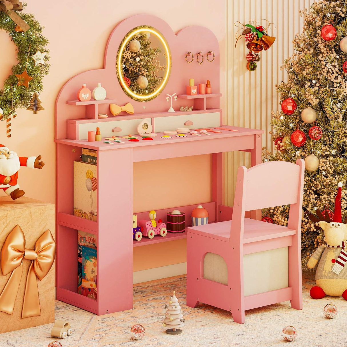 Princess Vanity Table and Chair Set with 2 Drawers