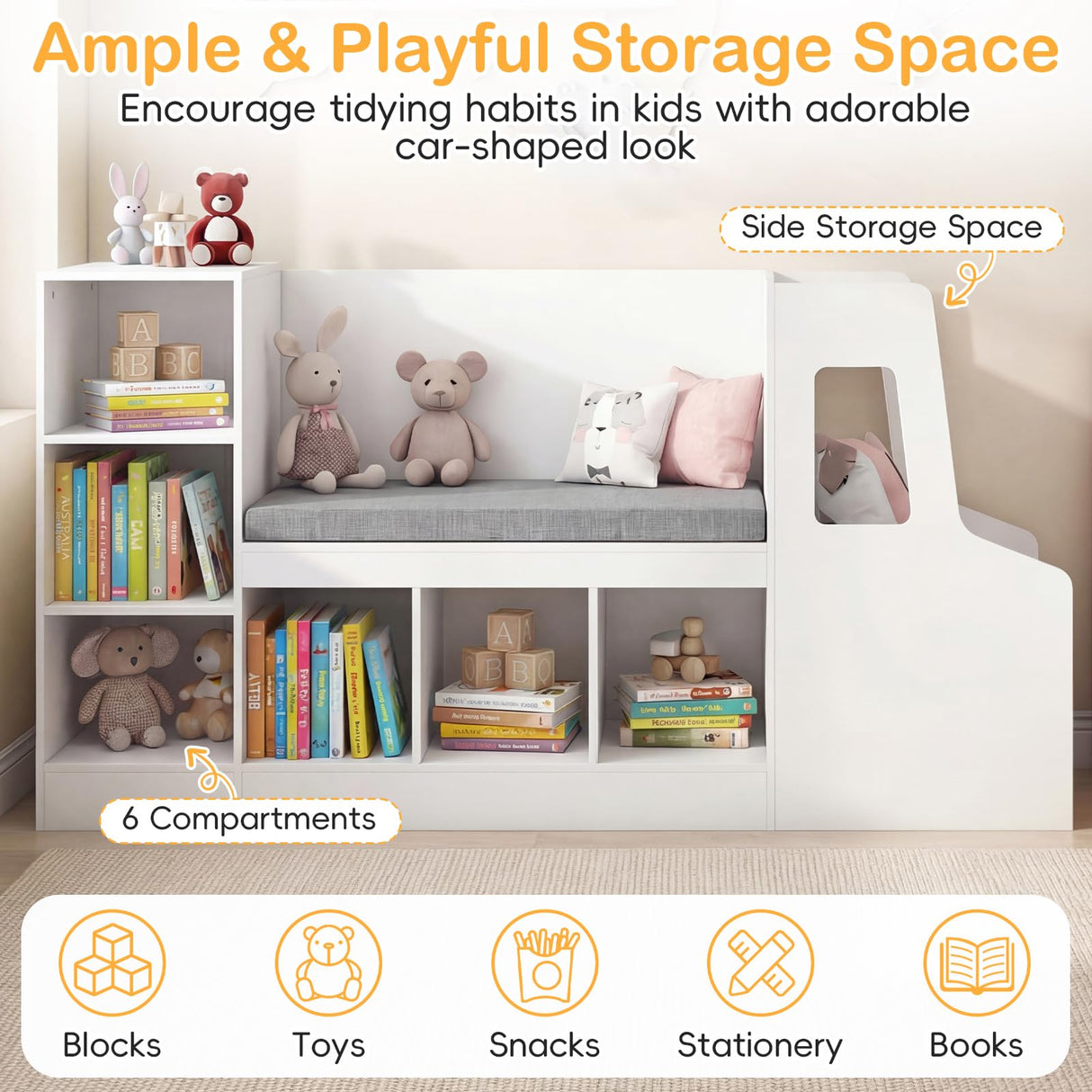 HONEY JOY Car-Shaped Kids Bookshelf with Reading Nook, Kids Bookcase