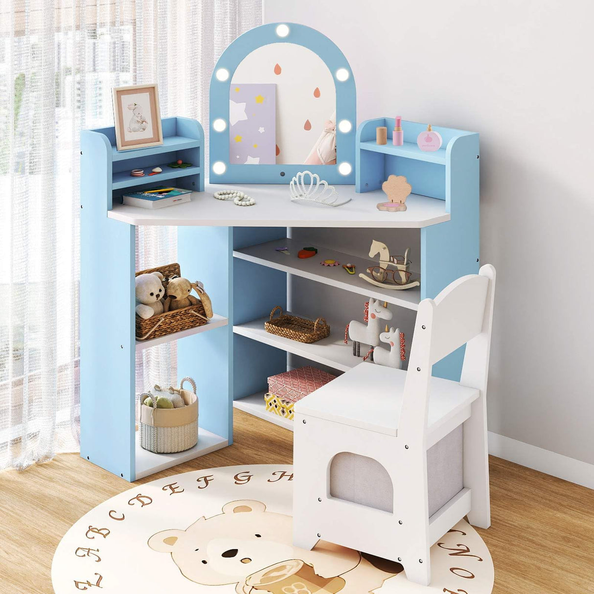 HONEY JOY Corner Kids Vanity with Lights, Princess Vanity Table & Chair Set