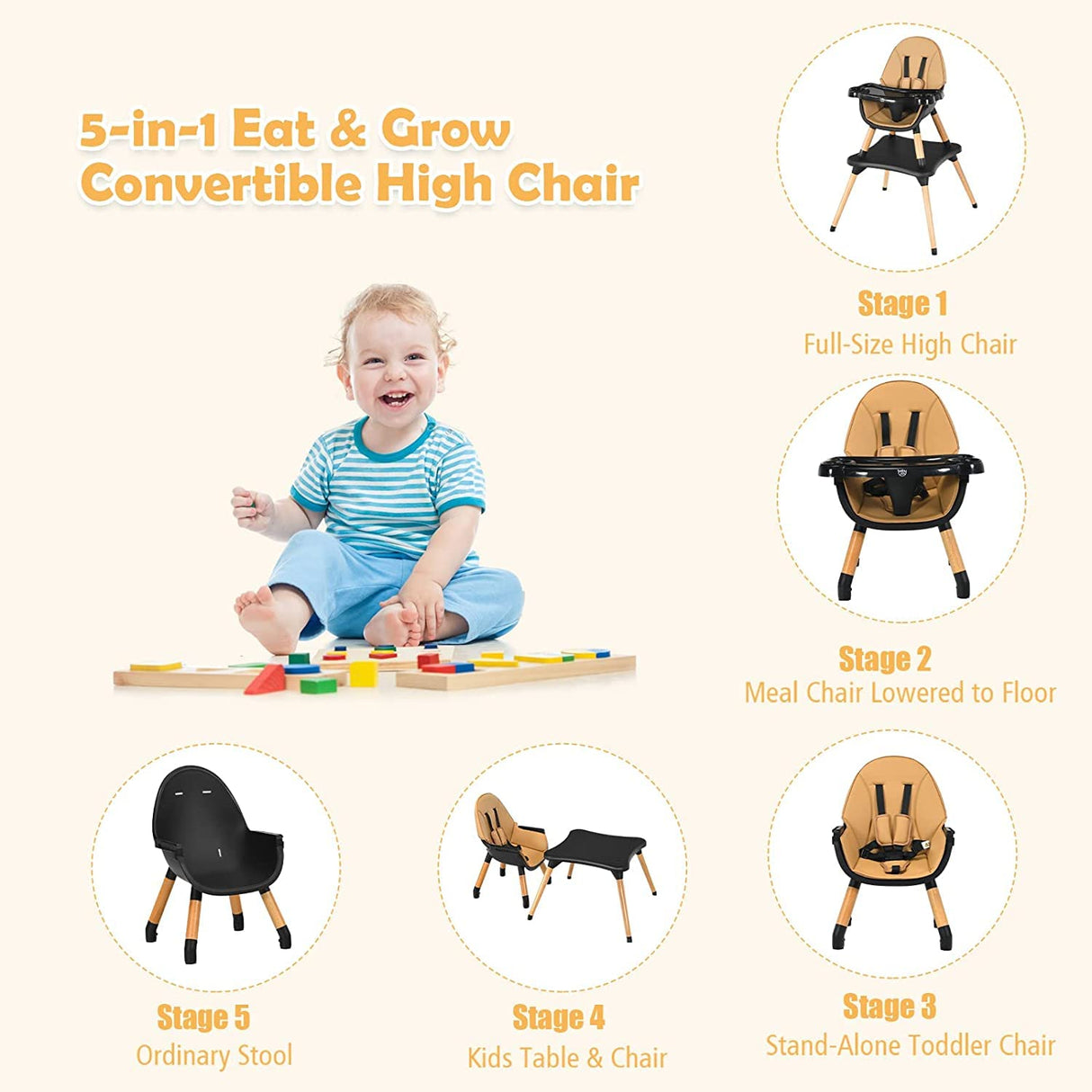 BABY JOY 5 in 1 High Chair, Convertible High Chairs for Babies and Toddlers/Booster Seat/Table and Chair Set