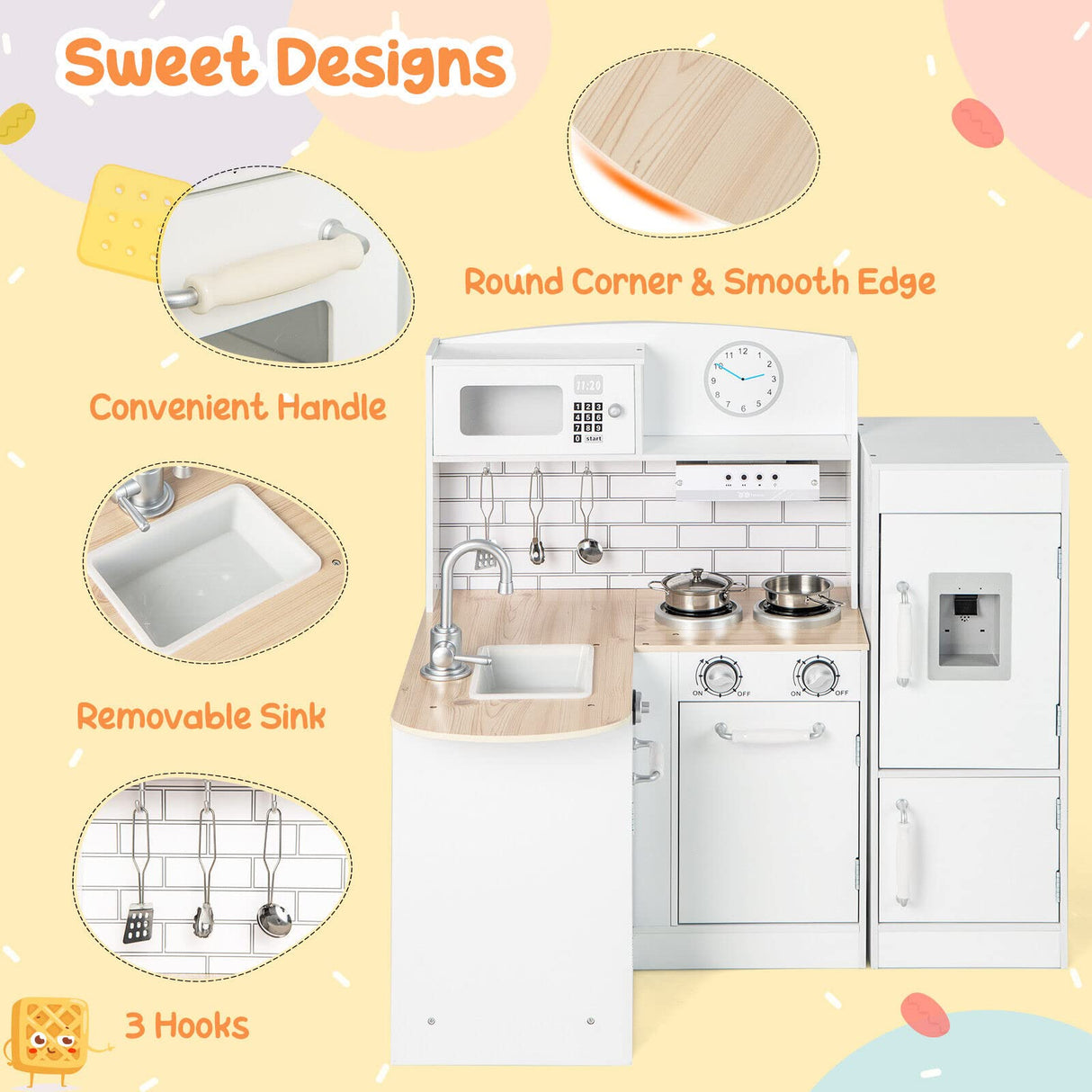 HONEY JOY Kids Corner Kitchen Playset, Wooden Play Kitchen Toy Set w/Realistic Microwave, Oven