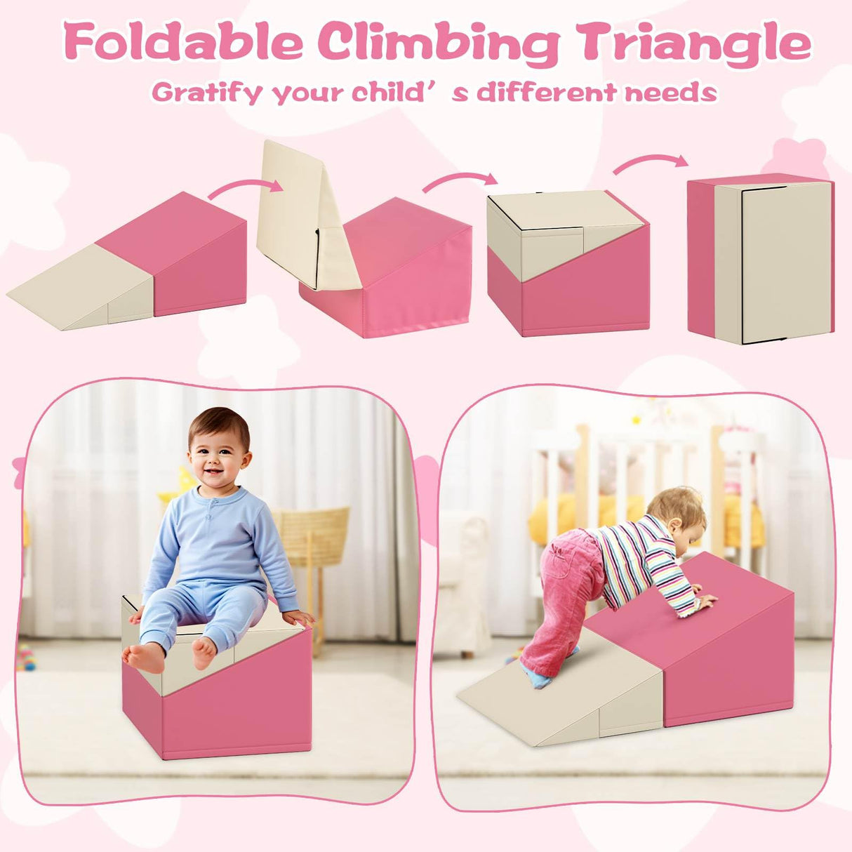 Foldable climbing triangle toy with pink and beige colors, showing children using it.