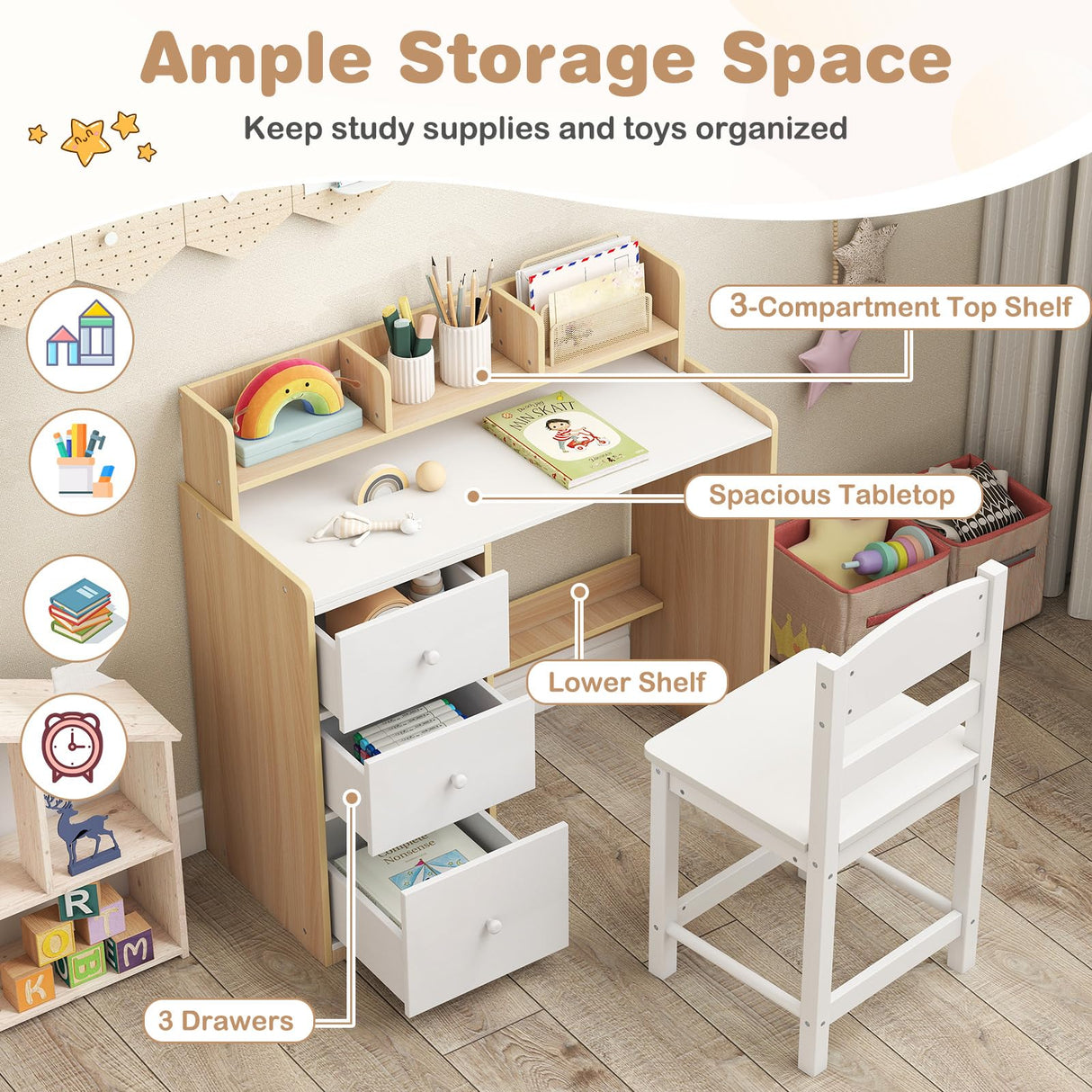 HONEY JOY Kids Study Desk and Chair Set w/Hutch & Storage Shelf for Arts, Crafts