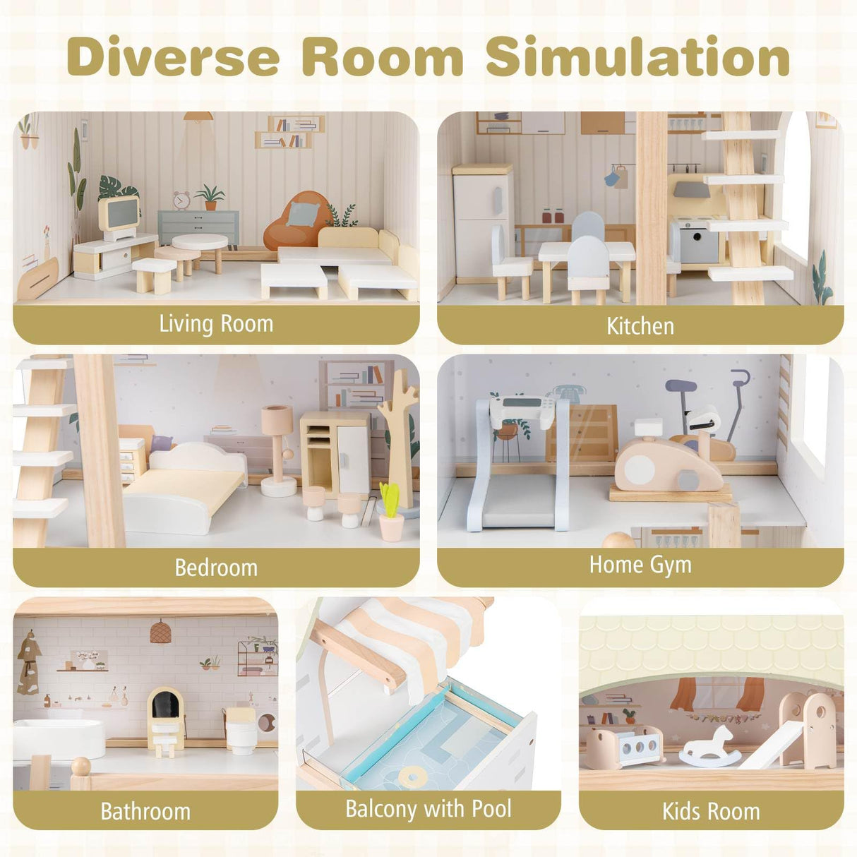 Simulated rooms including living room, kitchen, bedroom, home gym, bathroom, balcony with pool, and kids room.