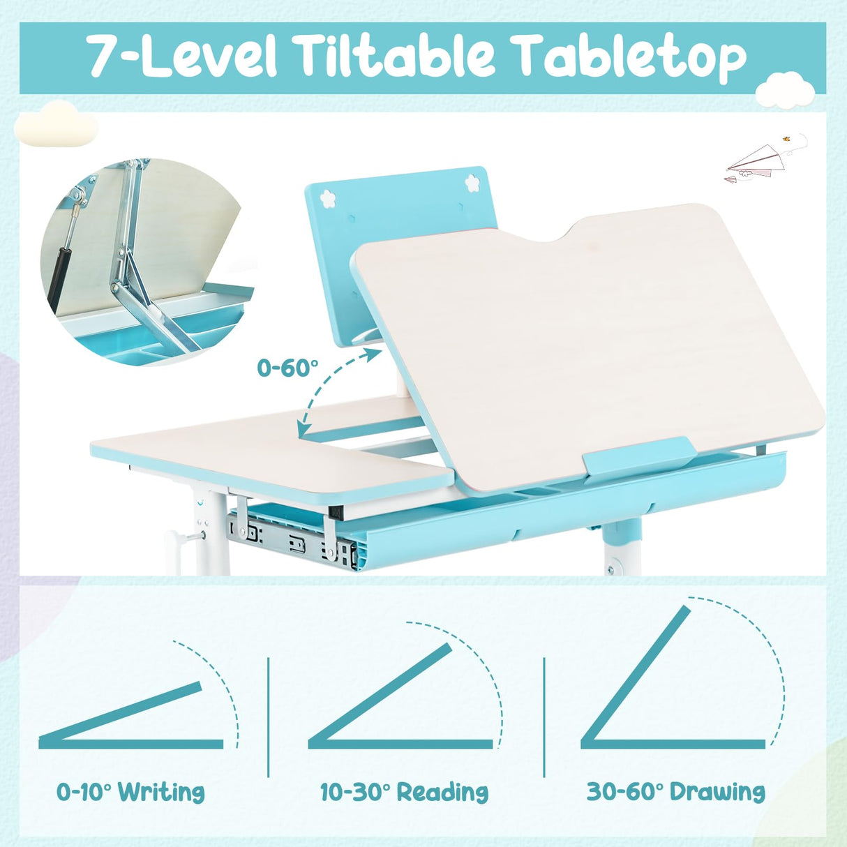 HONEY JOY Kids Desk and Chair Set, Student Study Desk w/Adjustable Height, Tiltable Desktop, Book Stand