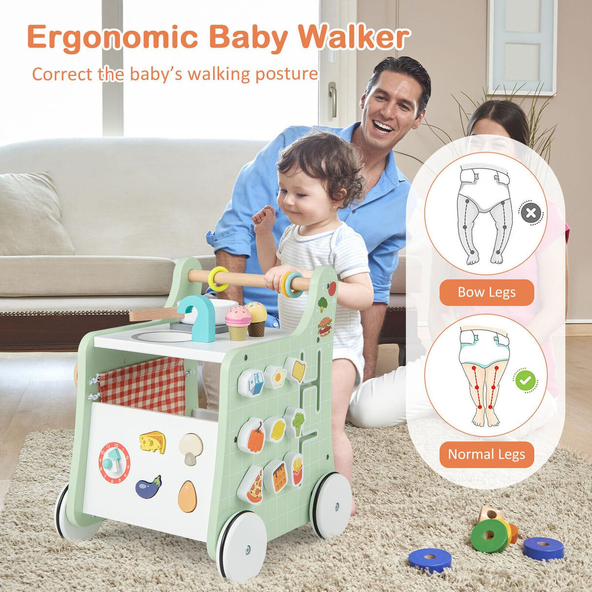 BABY JOY 6-in-1 Wooden Baby Walker, Toddler Push and Pull Learning Activity Center