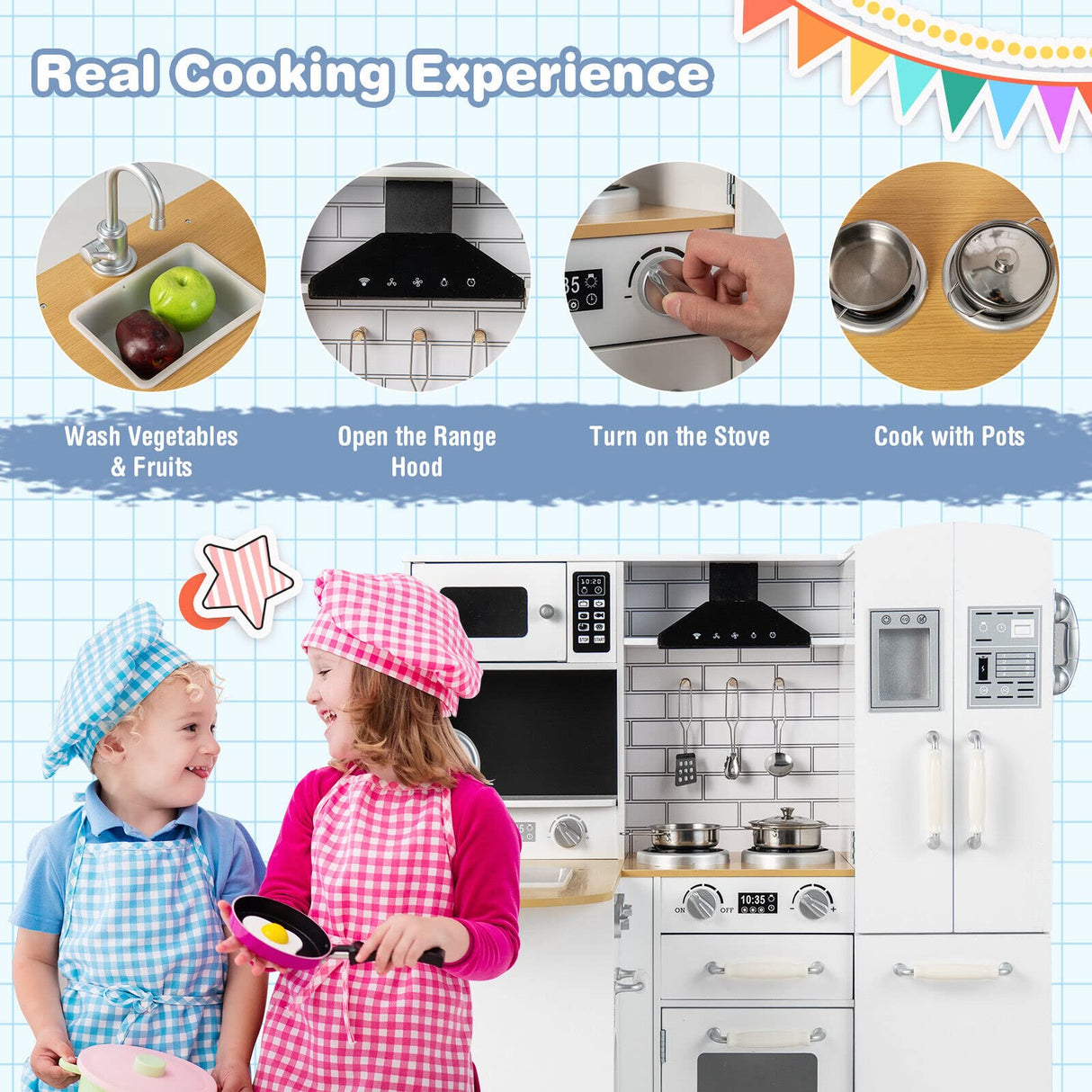 HONEY JOY Kids Corner Kitchen Playset, Wooden Pretend Playset w/Realistic Washing Machine, Microwave Oven