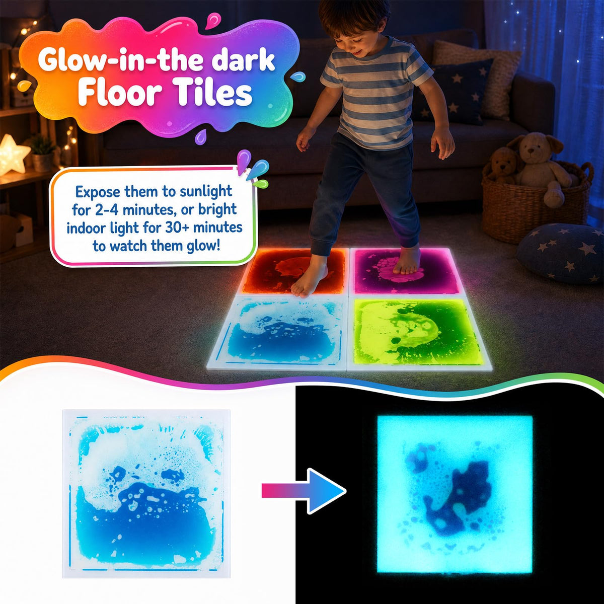HONEY JOY Glow-in-the-Dark Liquid Sensory Floor Tiles for Toddlers