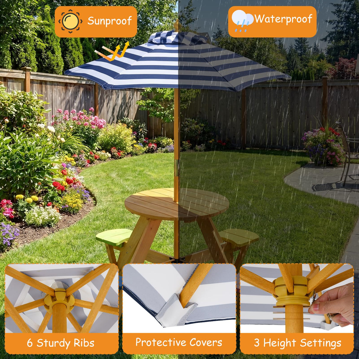 Kids Picnic Table with Stools and Foldable Adjustable Umbrella for Backyard and Patio