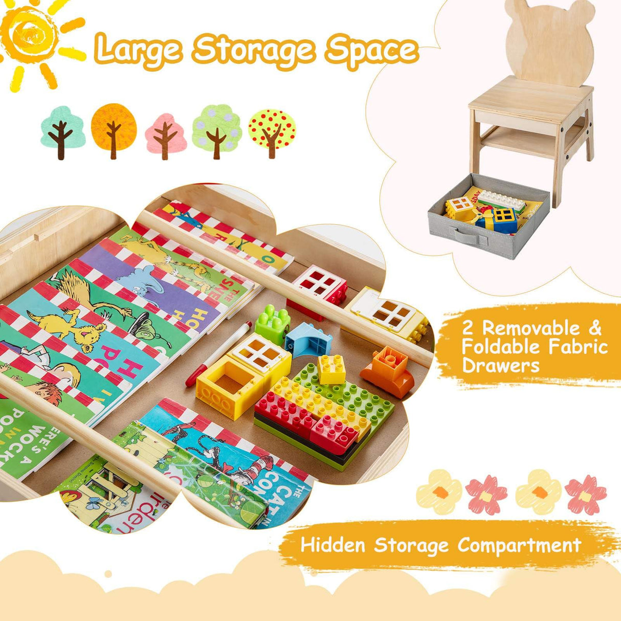 4-in-1 Kids Table and Chairs Set with Reversible Whiteboard for Arts Bear Style