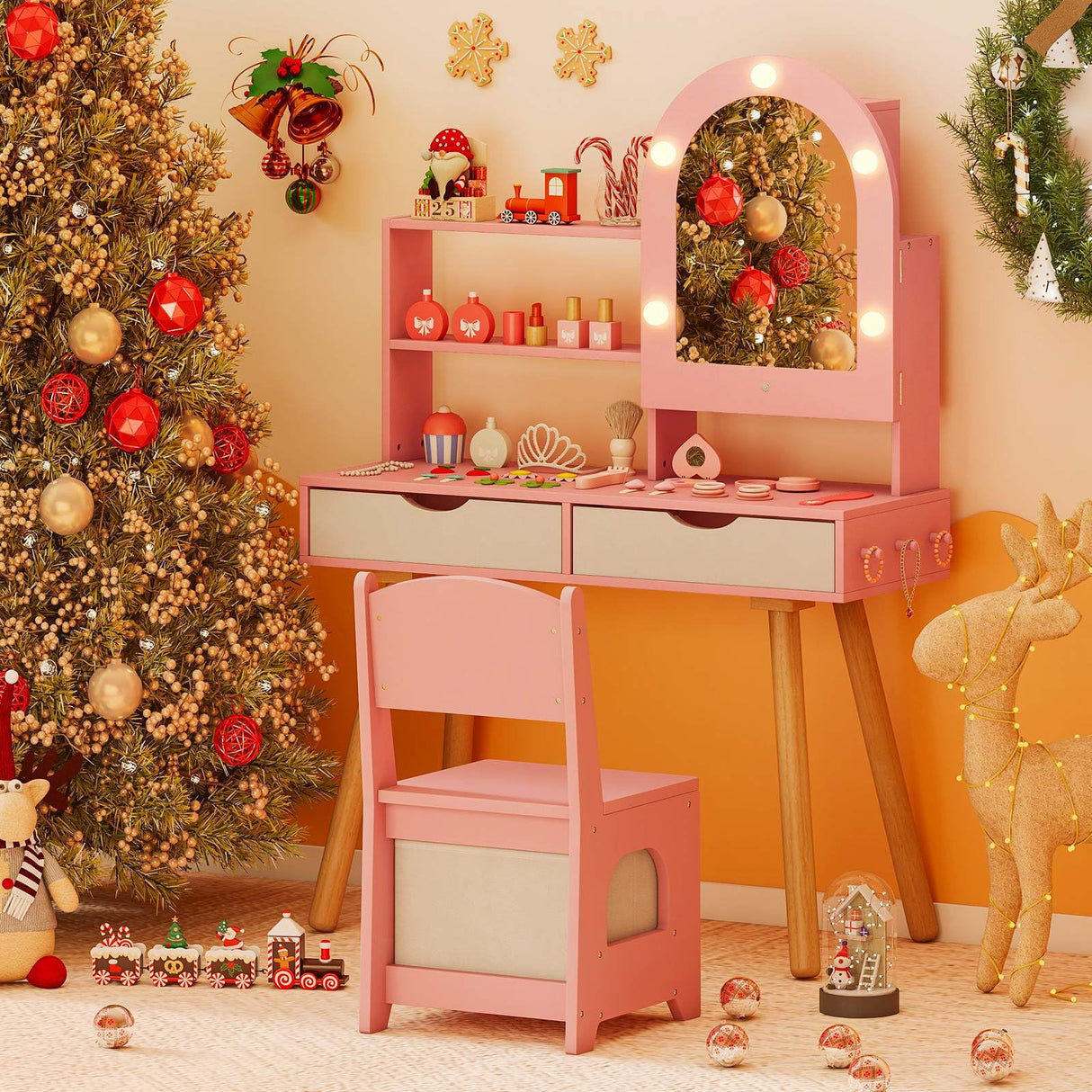 Kids Vanity Set, Pretend Play Dressing Table Set w/3-Color Lighting Modes