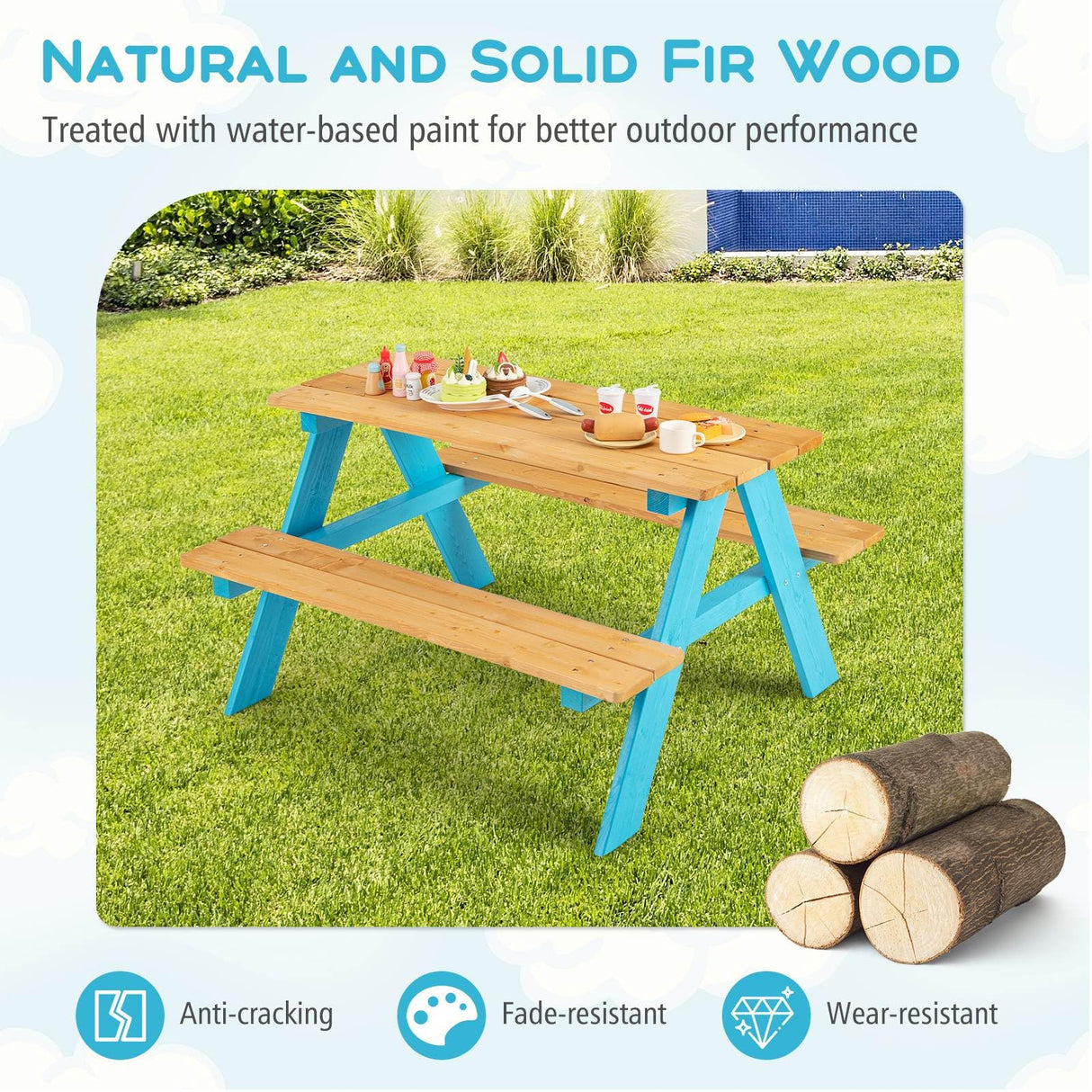 HONEY JOY Kids Wooden Picnic Table Set, Outdoor Children Table with Bench Seats