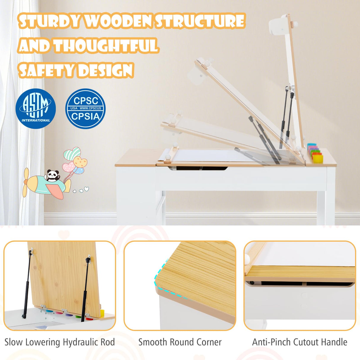 HONEY JOY Kids Table and Chairs Set, 2 in 1 Wooden Art Table & Easel Set for Children with 2 Chairs, 6 Storage Bins