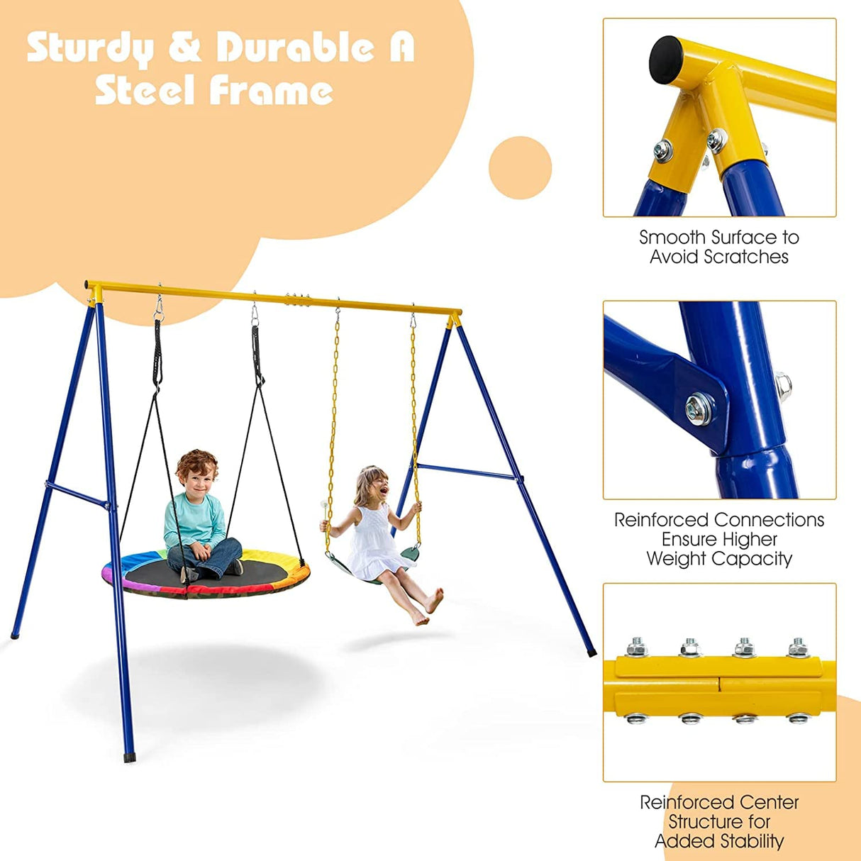 HONEY JOY Kids Swing Set, A-Frame Swing Stand with 2-Pack Swing Sets, 300 kg Weight Capacity Swing Sets