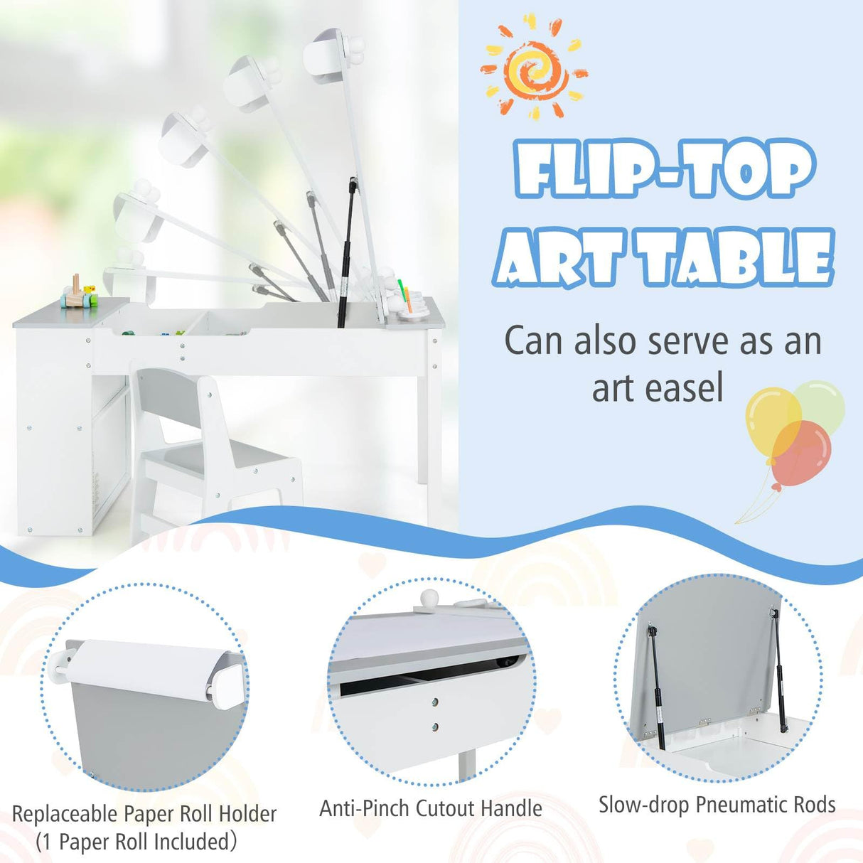 HONEY JOY Kids Table and Chairs Set, 2 in 1 Wooden Art Table & Easel Set for Children with 2 Chairs, 6 Storage Bins