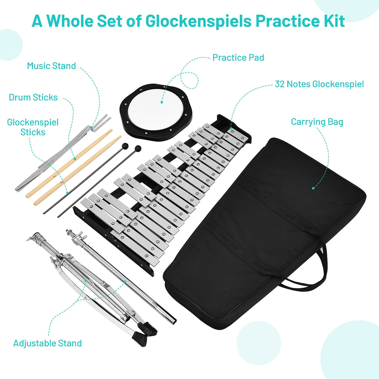 HONEY JOY 32 Note Glockenspiel Xylophone Percussion Bell Kit with Adjustable Stand, 8'' Practice Pad