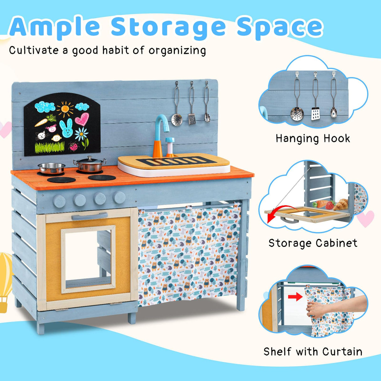 Outdoor Kids Play Kitchen Set, Wooden Kitchen Playset w/Stoves