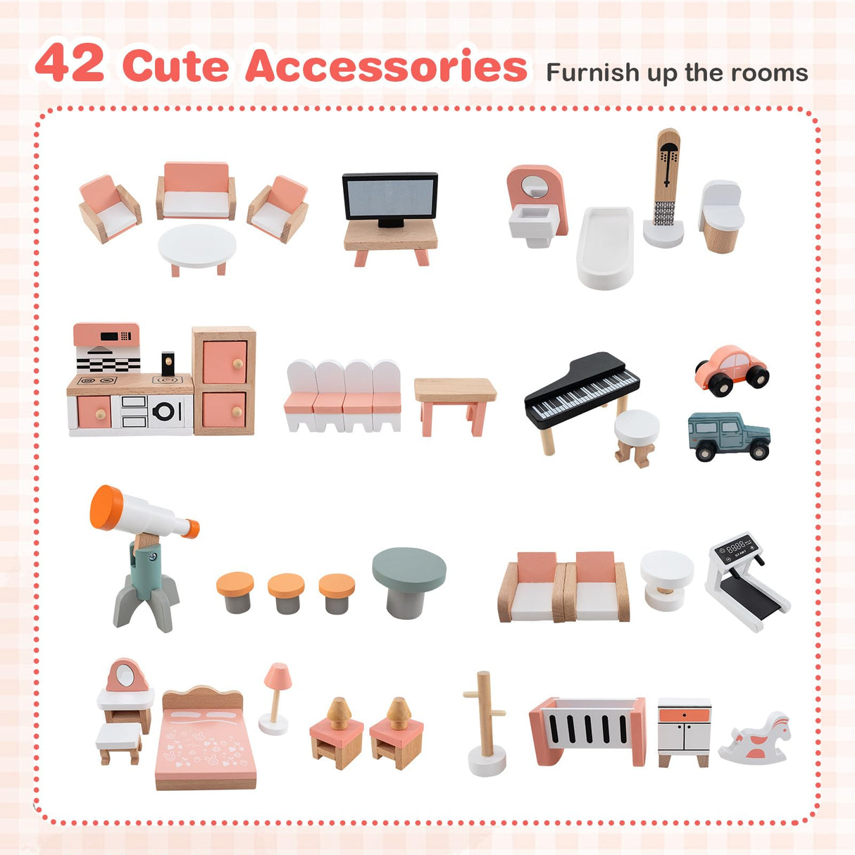 Wooden Corner Dollhouse Playset with 34 Pieces of Furniture and Accessories