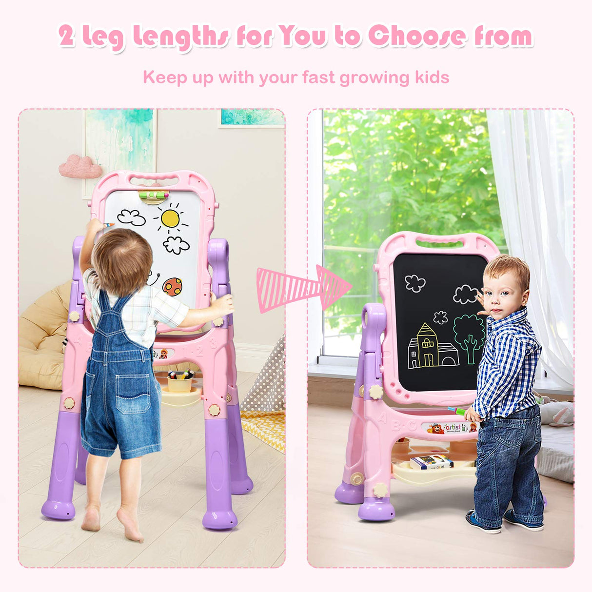 BABYJOY Art Easel for Kids, Height Adjustable 360° Rotate Double Sided Standing Art Drawing Board