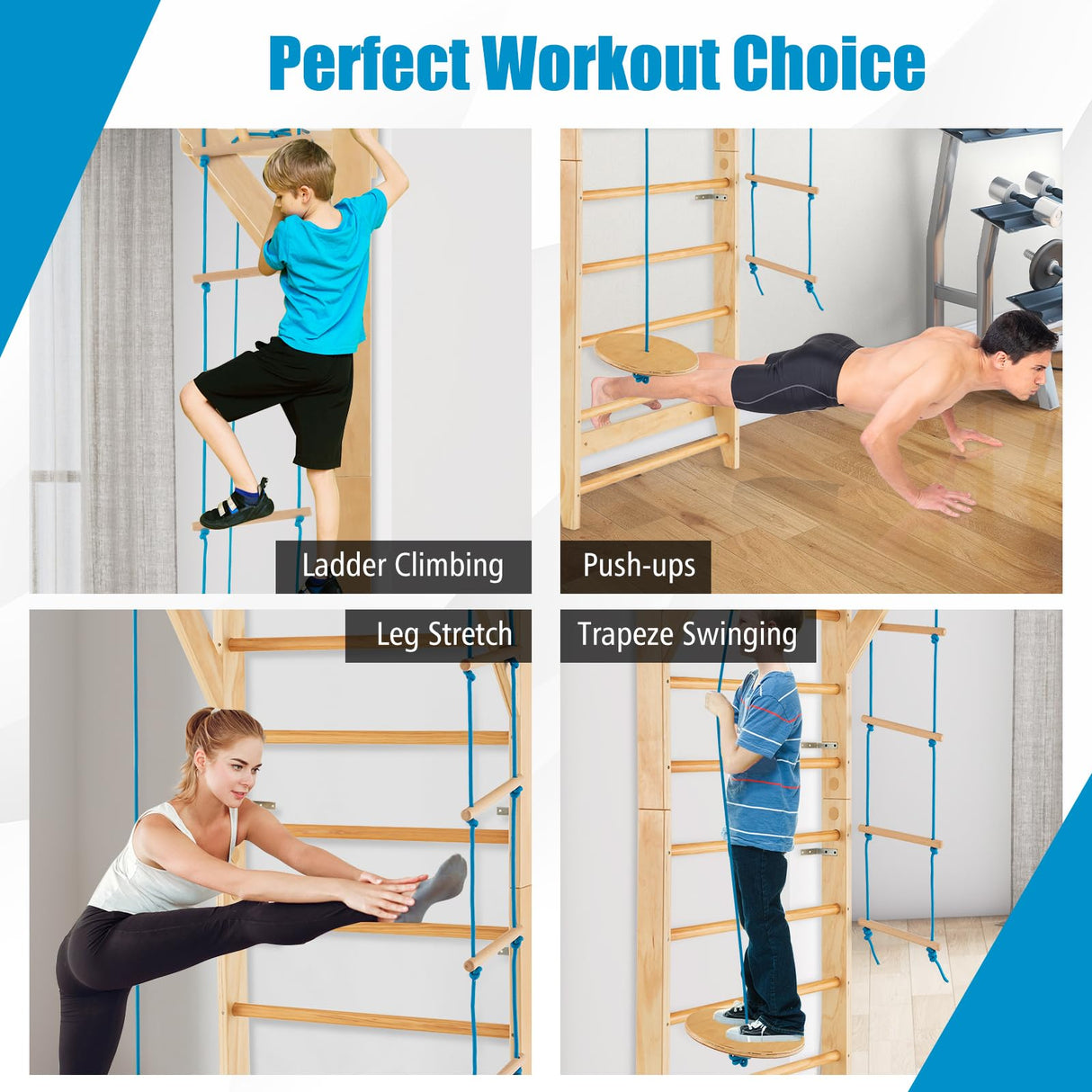 HONEY JOY Wood Stall Bar, Swedish Ladder with Swedish Wall & Pull Up Bar