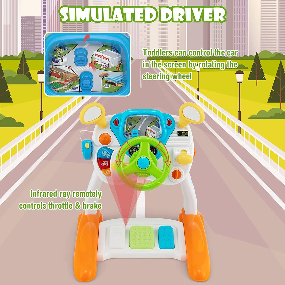 HONEY JOY Steering Wheel Toy, Pretend Play Driving Simulated Toy w/Light and Music, Cyclic Rotary Scene