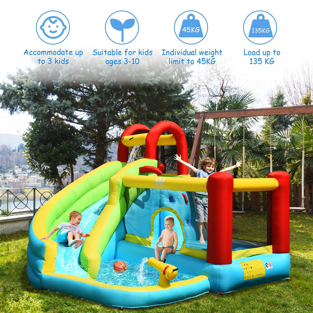 HONEY JOY Inflatable Water Slide, 6 in 1 Jumping Bounce House w/Climbing Wall, Splash Pool (Without Blower)