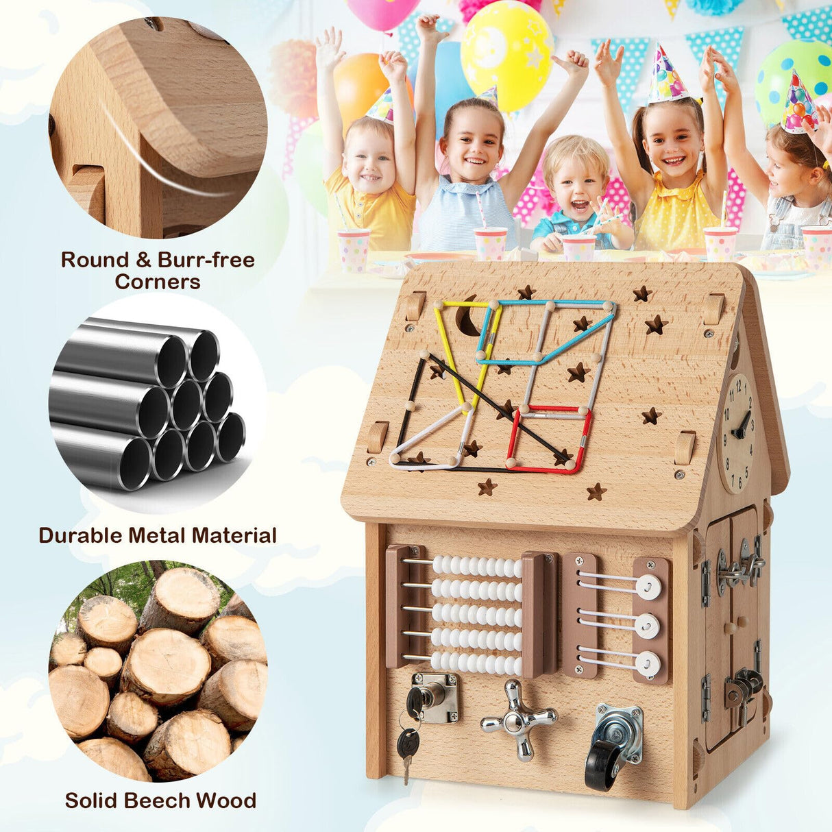 HONEY JOY Kids Montessori Busy House Toy, Wooden Multi-Purpose Play House w/Interior Storage Space