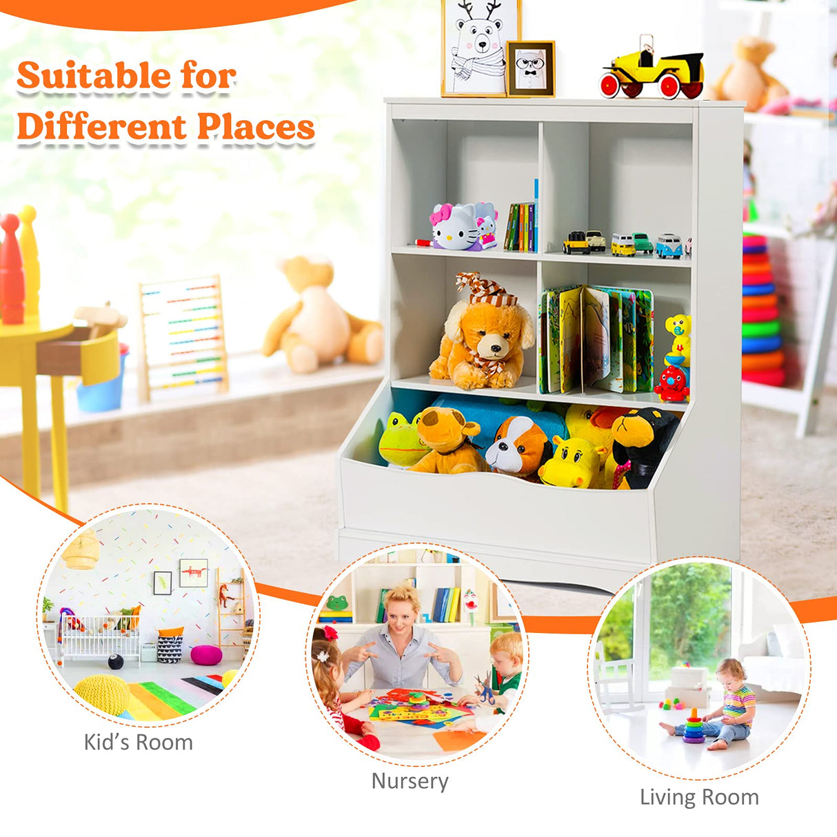 HONEY JOY Kids Bookshelf, 3-Tier Toy Storage Organiser for Children w/4 Open Compartments and 1 Box