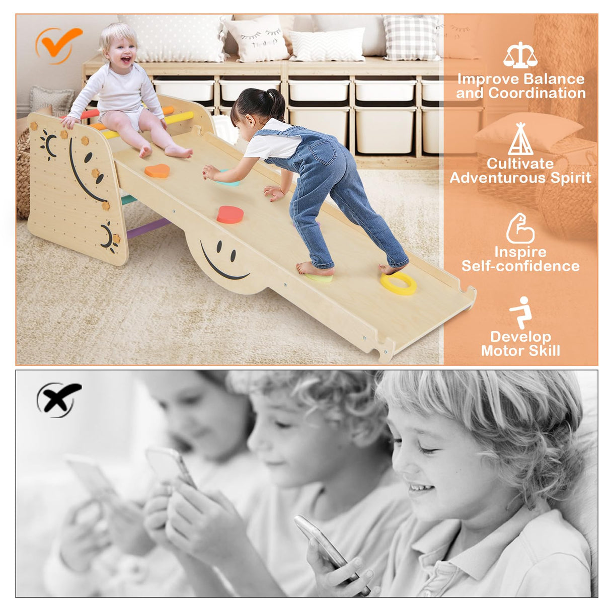 HONEY JOY Kids Wooden Climbing Toy, Triangle Climber Jungle Gym Set w/Seesaw, Dual-Sided Ramp