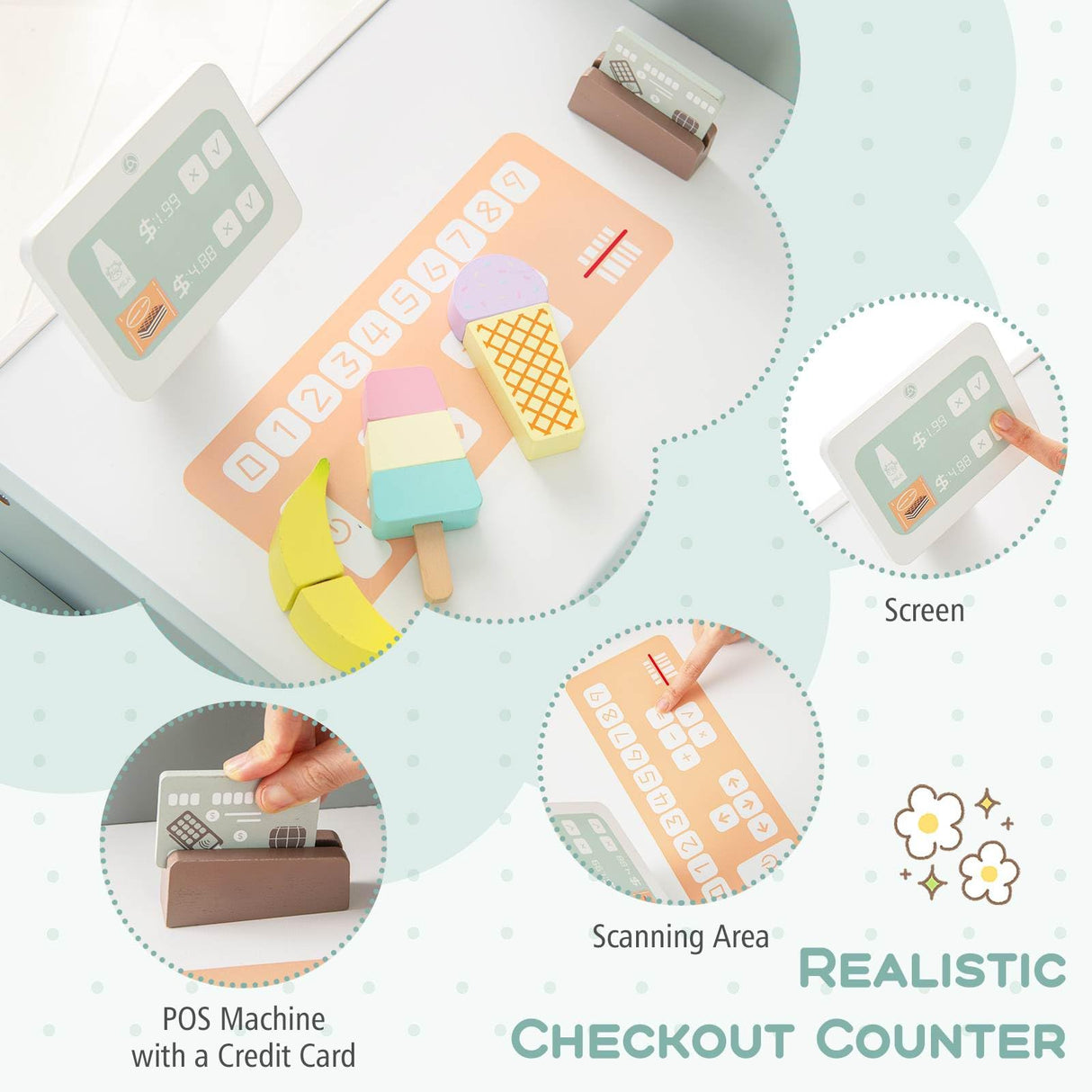 HONEY JOY Kids Grocery Store Playset, Wooden Pretend Play Supermarket w/Vending Machine