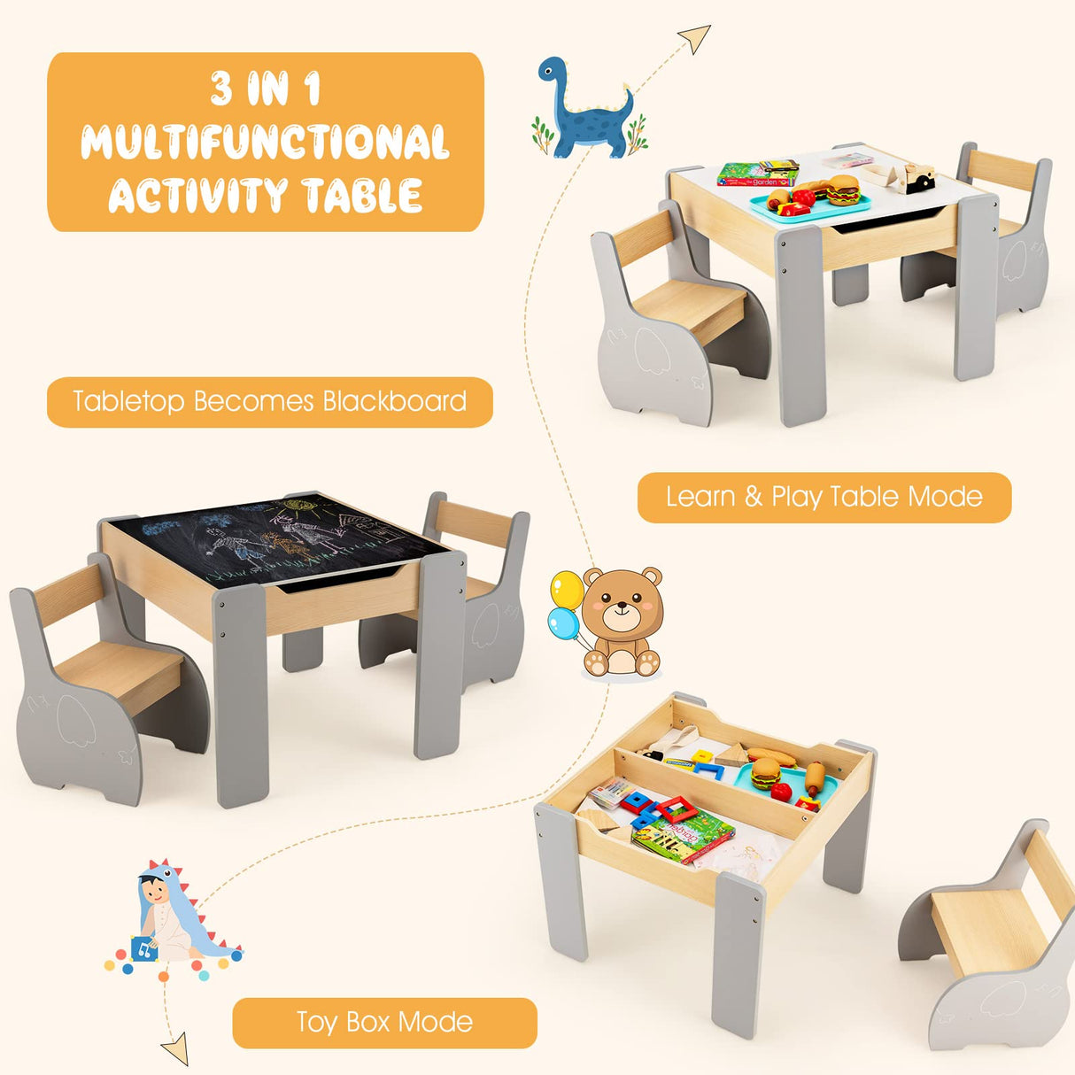 HONEY JOY Kids Table and Chair Set, 3-in-1 Wooden Activity Table and 2 Chairs for Drawing, Studying