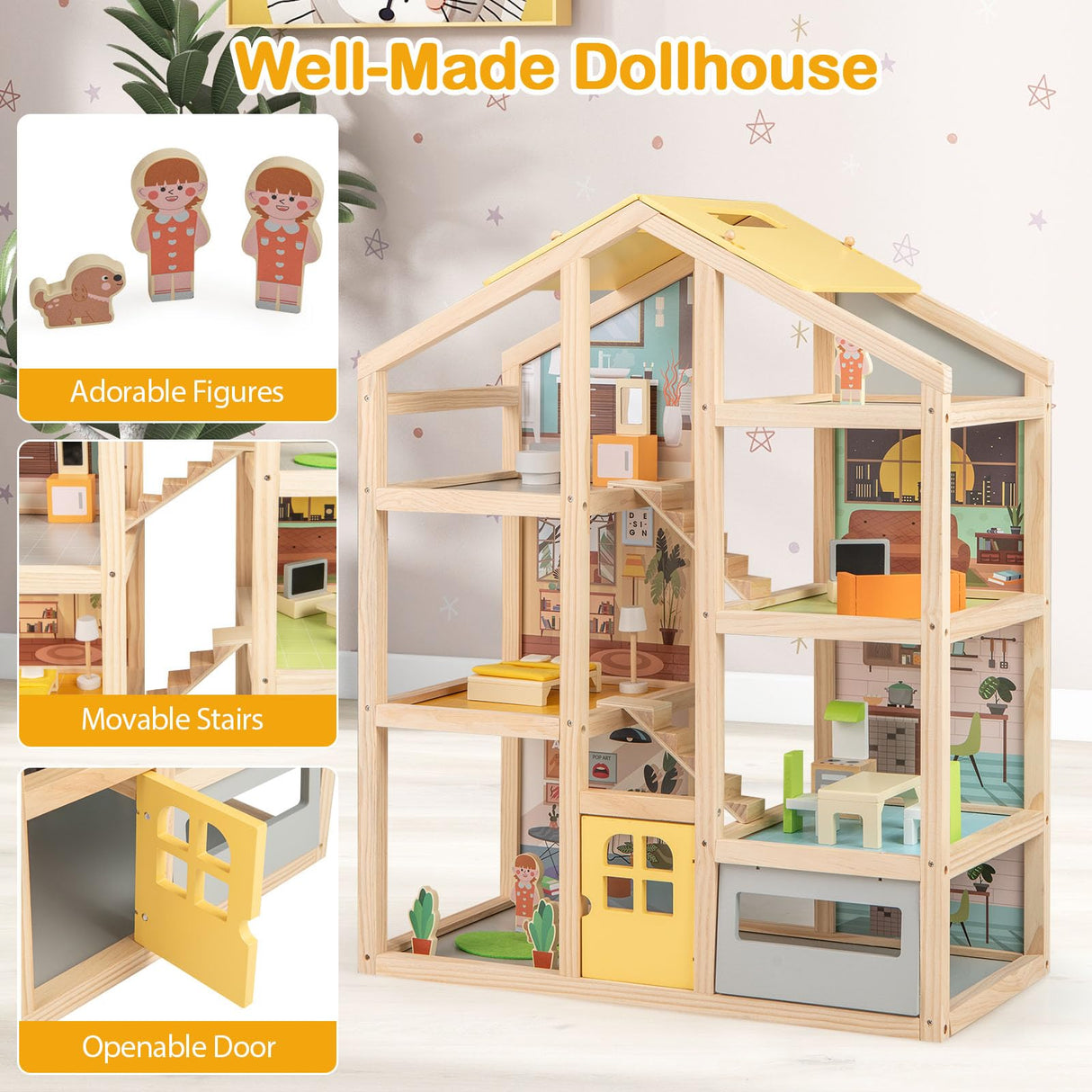 Wooden dollhouse with movable stairs, openable door, and adorable figures on a white background.