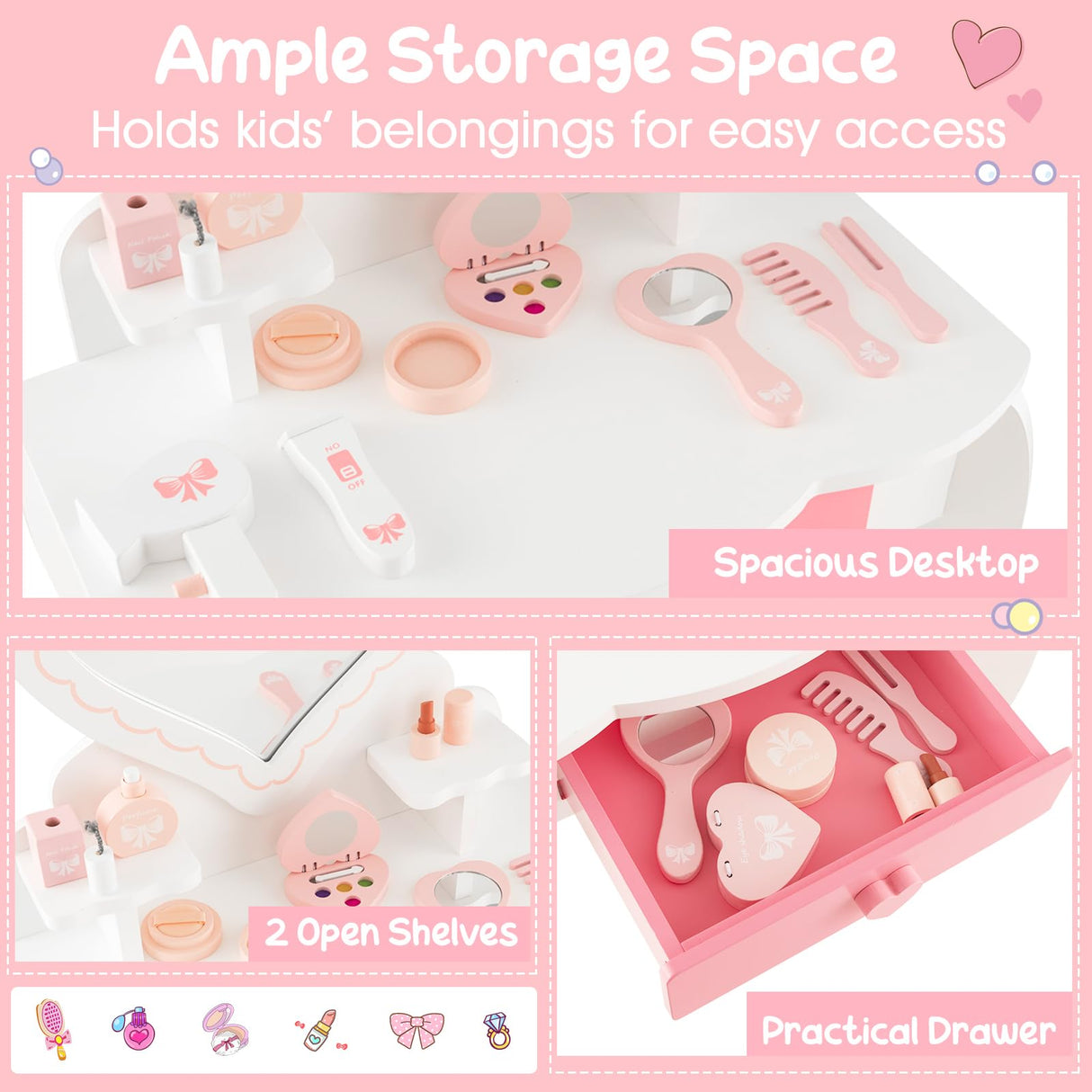HONEY JOY Kids Vanity Set, Dressing Table w/Mirror and Stool, Accessories, Drawer, Wooden Princess Makeup Dressing Table(Heart-Shaped Mirror)