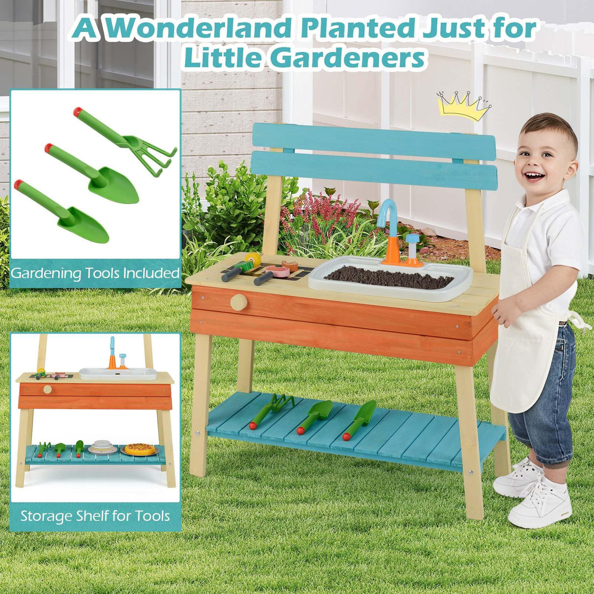 Wooden Kids Play Kitchen Set with Removable Sink and Grill Rack Mud Kitchen