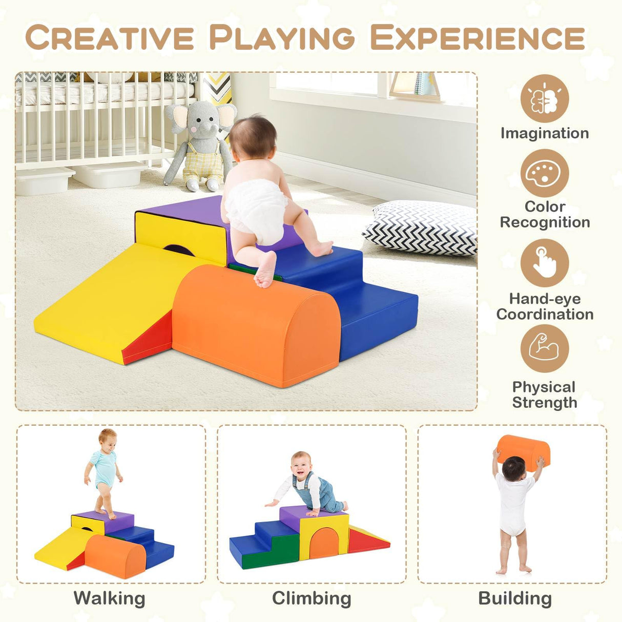 4-Piece Kids Climb and Crawl Foam Block Play Set, Orange - BABY JOY