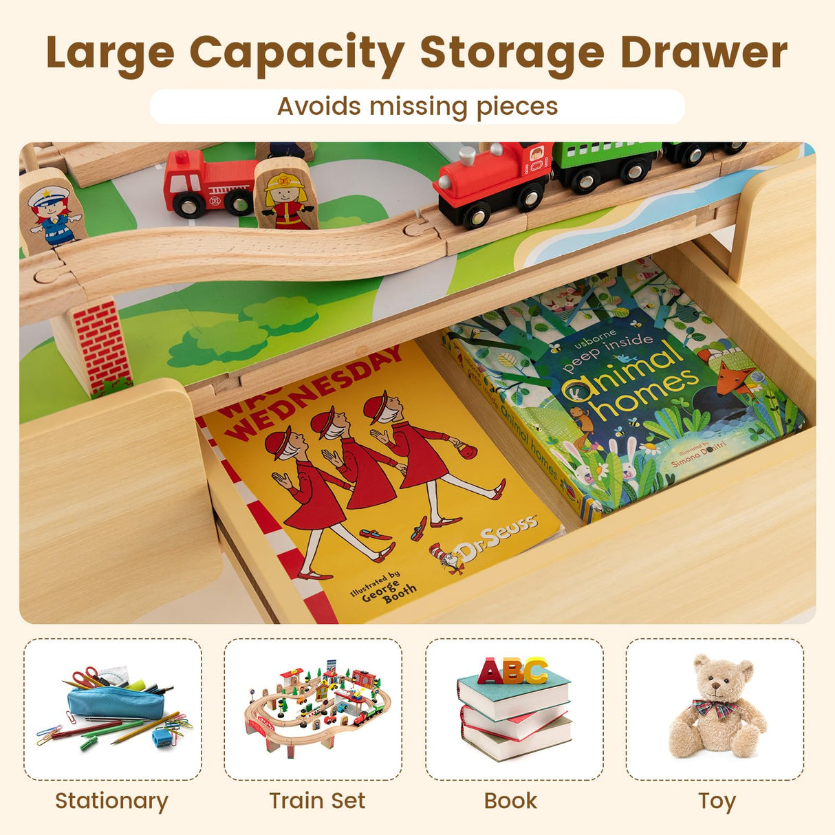 HONEY JOY Wooden Train Table Set