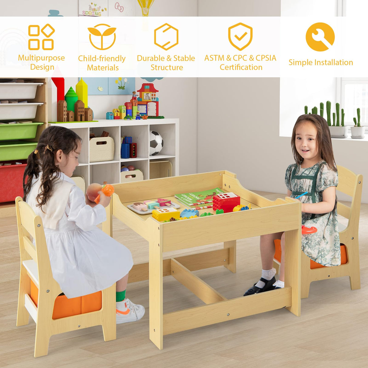 HONEY JOY 3 in 1 Kids Wooden Table & 2 Chair Set