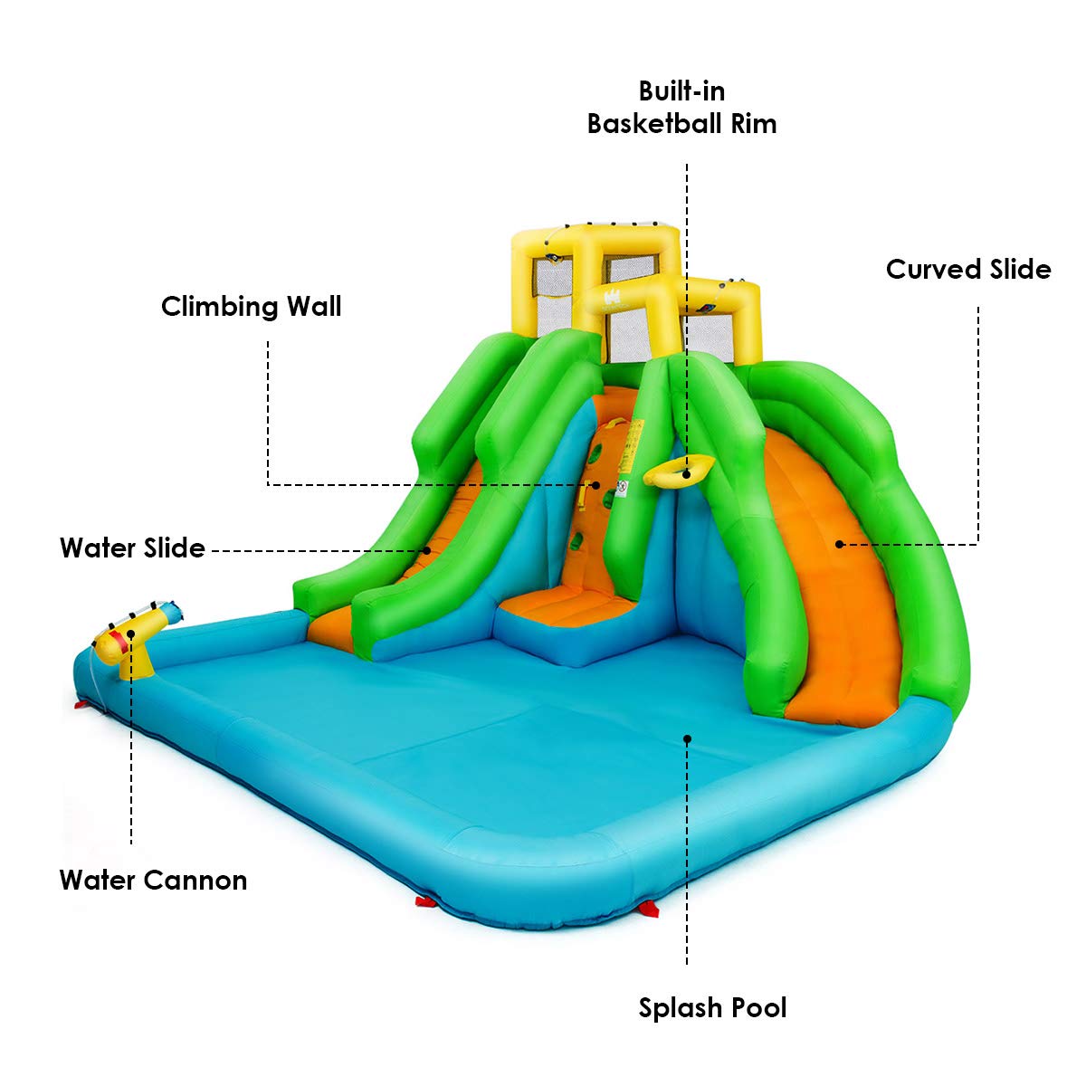 HONEY JOY Inflatable Water Slide, 6 in 1 Inflatable Castle Water Park w/Climbing Wall, Basketball Rim