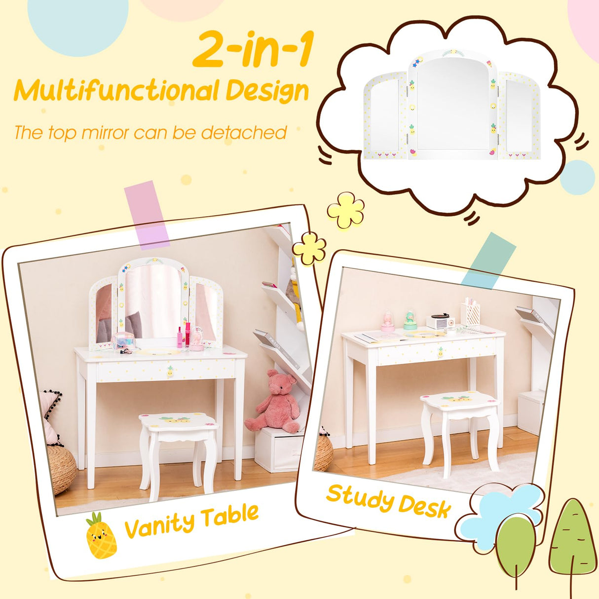 HONEY JOY Kids Vanity Table and Chair Set, Kids Dressing Table w/Tri-Folding Mirror, Large Storage Drawer